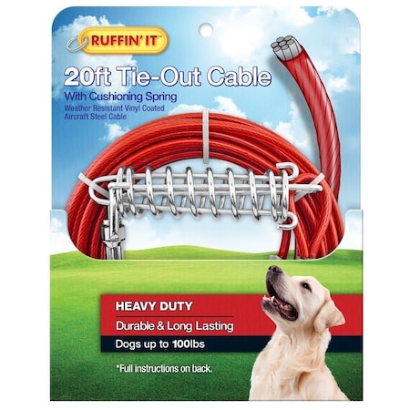 Ruffinit 29220 Cable Tie-Out with Cushioning Spring, Heavy-Duty, Swivel Snap End, 20 ft, Steel, Red 7N29220