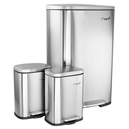 Elama 3 Piece 13 Gal and 1.3 Gal Stainless Steel Step Trash Bin Combo Set with Slow Close Mechanism EL-H8-50L-3