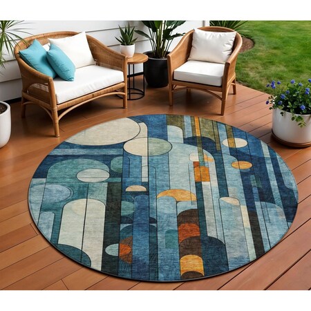 Homeroots 8' Blue Ivory And Copper Round Geometric Washable Indoor Outdoor Area Rug 604502