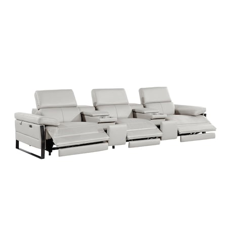 Homeroots 129" Light Gray Top Grain Leather Reclining Metal USB Sofa 720341