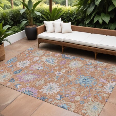 Homeroots 8' X 10' Orange Pink And Denim Blue Floral Washable Indoor Outdoor Area Rug 605316