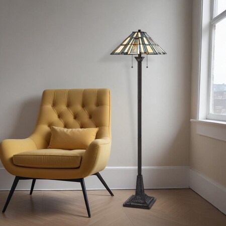 Homeroots 62" Bronze 2-Light Traditional Floor Lamp, Gray and Ivory Abstract Tiffany Glass Empire Shade 526317