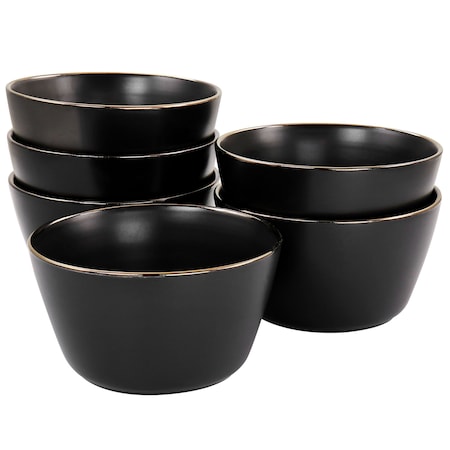 Elama Paul 6 Piece Stoneware Bowl Set in Matte Black with Gold Rim ELM-PAUL6B