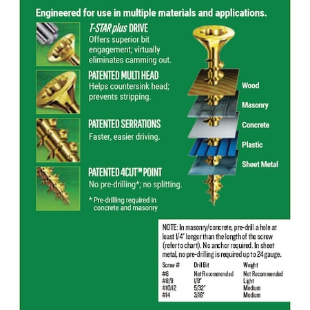 Spax No, 9 x 3-1/4'' T20 Plus Flat Head Yellow Zinc, Interior Wood Screw, 89 Ct. 4191020450804