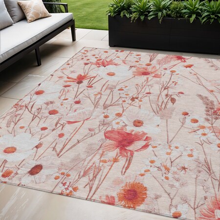 Homeroots 5' X 8' Salmon And Coral Floral Washable Indoor Outdoor Area Rug 611169