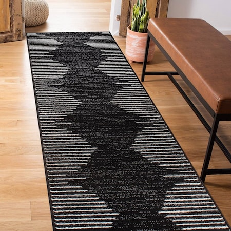 World Rug Gallery Bohemian Stripe Stain Resistant Runner Rug 2 ft 7 in x 10 ft Black 385BLACK27X10