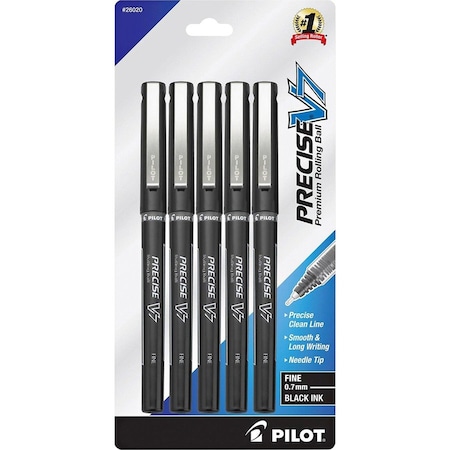 Pilot Precise V7 Rollerball Pen, Non-Refillable, Fine, 0.7mm, Black Ink, 5/Pack 26020