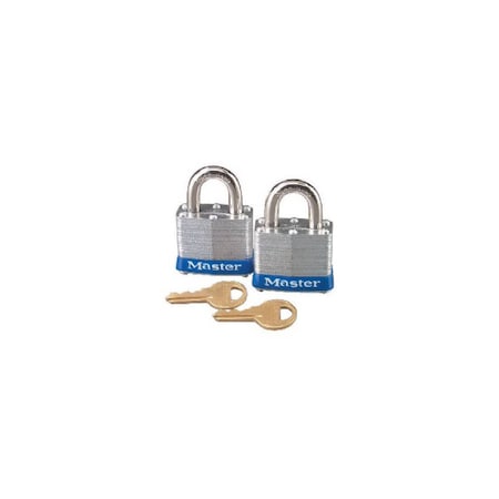 Master Lock Laminated Steel Padlock, 3/4 in H, 9/32 in Dia Shackle, Keyed Alike, Pair, Steel Body and Shackle 3T
