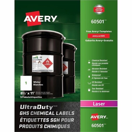 Avery Dennison Avery, ULTRADUTY GHS CHEMICAL WATERPROOF AND UV RESISTANT LABELS, 8.5 X 11, WHITE, 50PK 60501