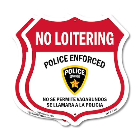 Signmission Bilingual No Loitering Shield Sign Polic, 6 inch X 6 inch, Plastic Sign, 2PK SHI-P-2PACK-6-365