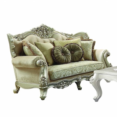 Homeroots 72in Green And Light Green Polyester Blend Damask Chesterfield Loveseat and Toss Pillows 348215