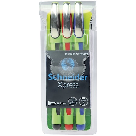 Schneider Pen Xpress Premium Fineliner Pen, Fiber Tip, 0.8 mm, 3 Assorted Ink Colors (Black, Red, Blue) 190093