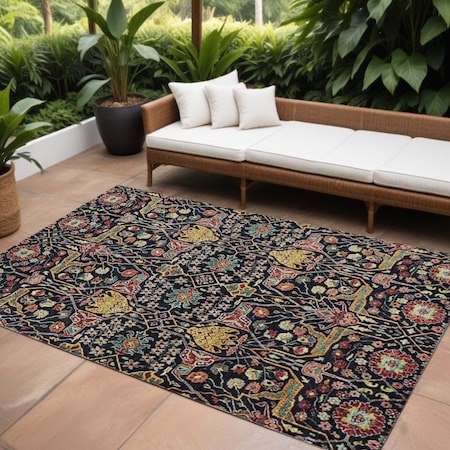 Homeroots 8' X 10' Black Red And Gold Floral Washable Indoor Outdoor Area Rug 604638