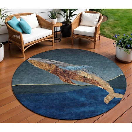 Homeroots 8' Blue And Brown Round Animal Print Washable Indoor Outdoor Area Rug 630965
