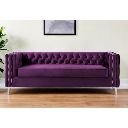 Homeroots 84" Purple Velvet Sofa With Silver Legs 543947