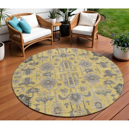 Homeroots 8' Yellow Gray And Charcoal Round Oriental Washable Indoor Outdoor Area Rug 582082
