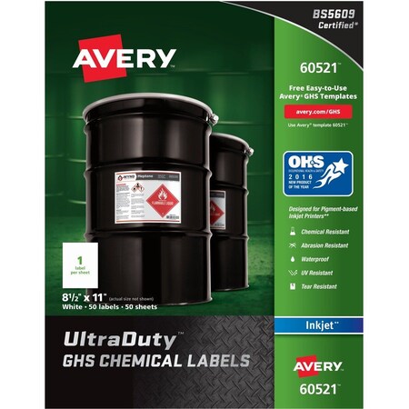 Avery UltraDuty GHS Chemical Waterproof and UV Res Labels, 8.5x11, Wht, PK50 60521
