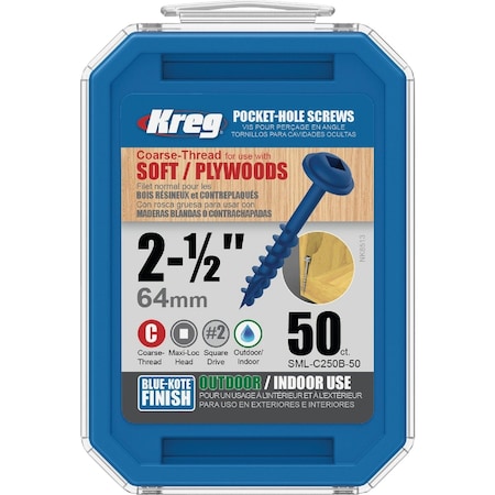 Kreg Blue-Kote No, 8 x 2-1/2'' Square Coarse Thread Maxi-Loc Head Pocket-Hole Screw, 50 Ct. SML-C250B-50