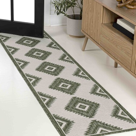 Jonathan Y Lior Geometric Moroccan Diamond Green/Cream 2 ft. x 8 ft. Indoor/Outdoor Runner Rug TSN202D-28