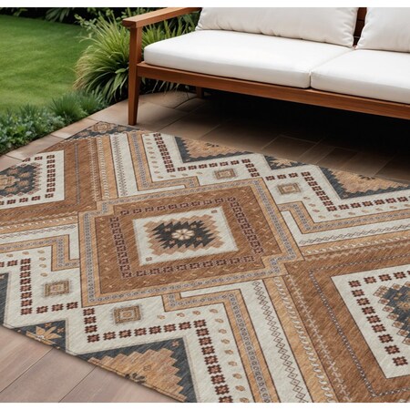 Homeroots 8' X 10' Copper Brown And Beige Tribal Washable Indoor Outdoor Area Rug 598109