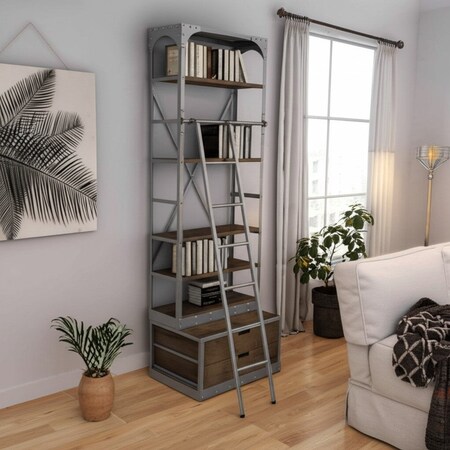 Homeroots 32" Light Brown And Nickel Metal and Solid Wood Five Tier Library Bookcase with Two Drawers 611040