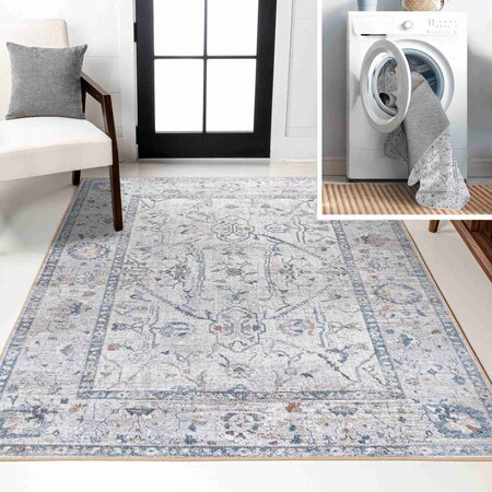 Jonathan Y Brandy Rustic Border Low-Pile Machine-Washable Light Gray/Blue 8 ft. x 10 ft. Area Rug WSH321B-8