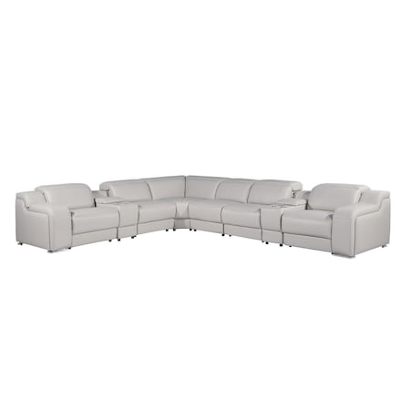 Homeroots Light Gray Italian Leather Power Reclining Curved Eight Piece Corner Sectional With Console 544991