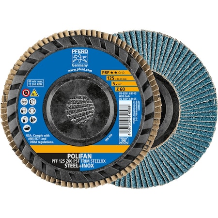 Pferd 5'' x 7/8'' A.H. POLIFAN Flap Disc - Z PSF TRIM STEELOX, Zirconia, 60 Grit, Flat 68105