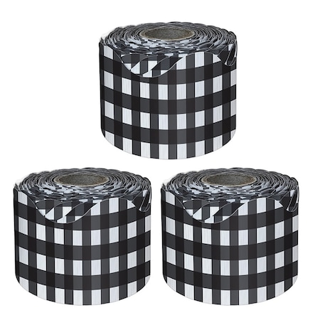 Carson Dellosa Black Gingham Rolled Scalloped Borders, 65 Feet Per Roll, 3PK 108507