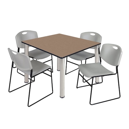 Regency Square Kee Breakroom Table W/ 4 Zeng Stack Chairs, 48 in W, 48 in L, Noble Oak TB4848NOBPCM44GY