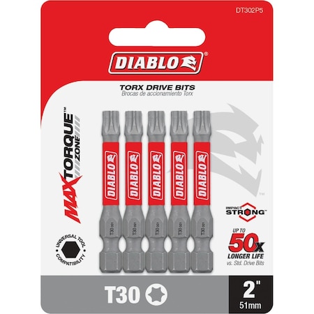 Diablo T30 TORX 2'' Power Impact Screwdriver Bit, 5PK DT302P5