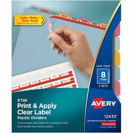 Avery Dennison Avery Index Maker Easy Apply Clear Label Divider, Blank, 8.5"x11", 8 Tabs, 5 Sets, Plastic/Multi 12433