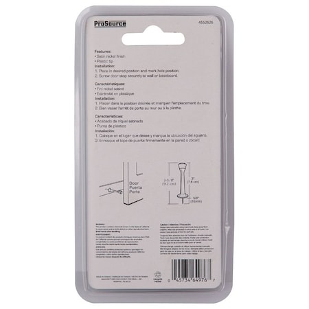 Prosource Heavy-Duty Rigid Door Stop, 1 in Dia Base, 3 in Projection, Die-Cast Zinc & Plastic CL-208C-SN-PS