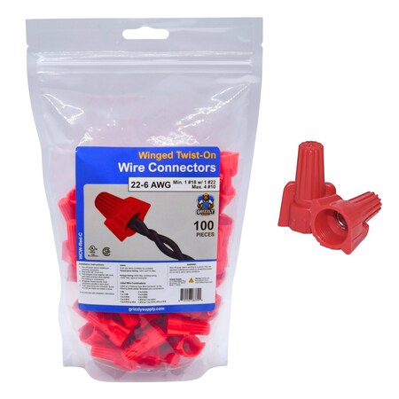 Grizzly Supply Winged Screw-On Wire Connector, 22-6 AWG, 600V Max, Thermoplastic, Red 100PK WCW-Red-C