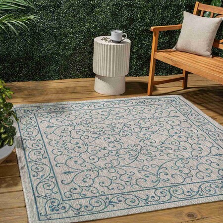 Jonathan Y Charleston Vintage Filigree Textured Weave Gray/Teal 6 ft Square Indoor/Outdoor Area Rug SMB106E-6SQ