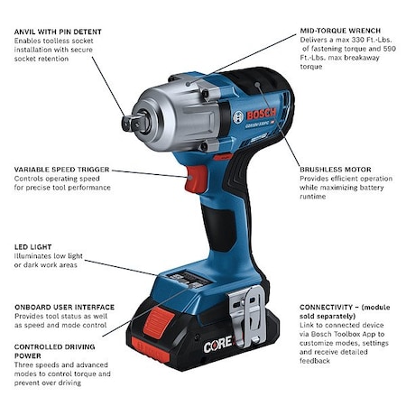 Bosch Impact Wrench, 18 V DC, Square GDS18V-330PCN