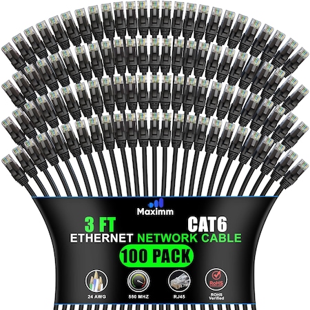 Maximm Cat6 Ethernet Cable 10Gbps 550MHz UTP, 100PK, Black, 100PK BK100PK05