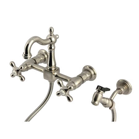 Kingston Brass Two-Handle Wall Mount Bridge Kitchen Faucet with Brass Sprayer, Brushed Nickel KS2448AXBS