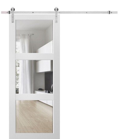 Sartodoors Sliding Barn Door with Hardware, Lucia 2555 White Silk with Clear Glass, 6.6FT Rail Hangers Sturdy LUCIA2555BD-S-WS-2484