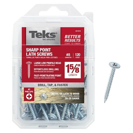 Teks Self-Drilling Screw, #8 x 1-5/8 in, Zinc Plated Steel Truss Head Phillips Drive 21516