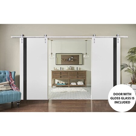 Sartodoors Sturdy Double Barn Door with, Planum 0040 White Silk with Black Glass, 13FT Rail Hangers Heavy Set, PLANUM0040DB-S-WS-36