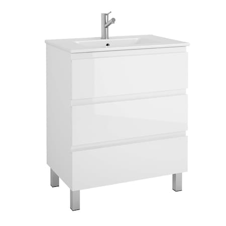 Homeroots 28" White Wood Freestanding Bathroom Vanity With White Sink And Three Drawers 624138