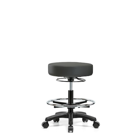 Blue Ridge Ergonomics Vinyl Mini-Stool - Medium Bench Height with Chrome Foot Ring & Casters in Charcoal Trailblazer Vinyl VMBMS-RG-CF-RC-8605