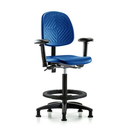 Blue Ridge Ergonomics Poly Chair, High Bench, Med Back, Tilt, Arms, Foot Ring, Glides, Blue BR-PHBCH-MB-RG-T1-A1-BF-RG-BLU