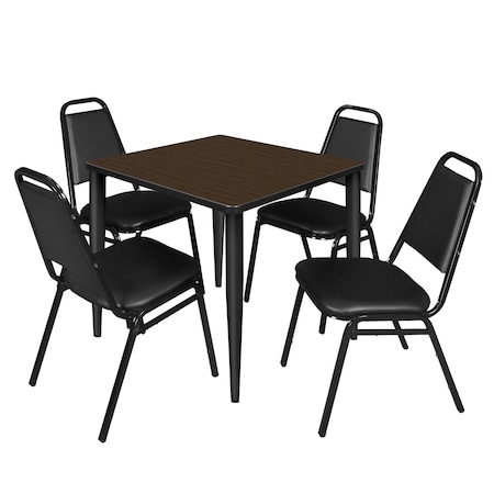 Regency Square Kahlo Breakroom Table W/ 4 Restaurant Stack Chairs, 30 in W, 30 in L, Neo Walnut TPL3030NWBK29BK