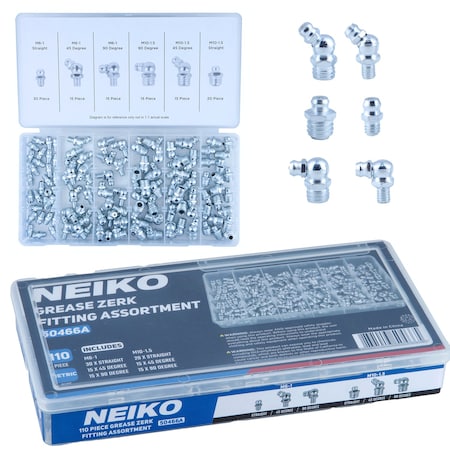 Neiko Grease Fitting Assortment, 110 Piece, Metric, Straight & Angled Zerk Grease Fittings Kit 50466A