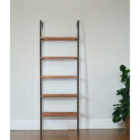 Homeroots 72" Brown Metal and Solid Wood Five Tier Ladder Bookcase 522816