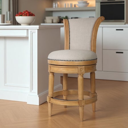 Homeroots 25" Beige and Natural Fabric and Solid Wood Counter Height Swivel Bar Chair 534317