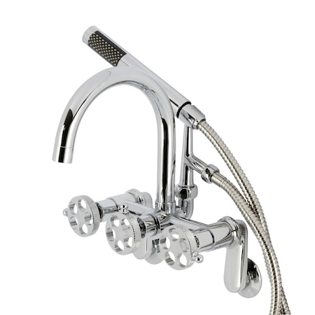 Kingston Brass Three-Handle 2-Hole Adjustable Wall Mount Clawfoot Tub Faucet with Knurled Handle and Hand Shower AE8151RKX