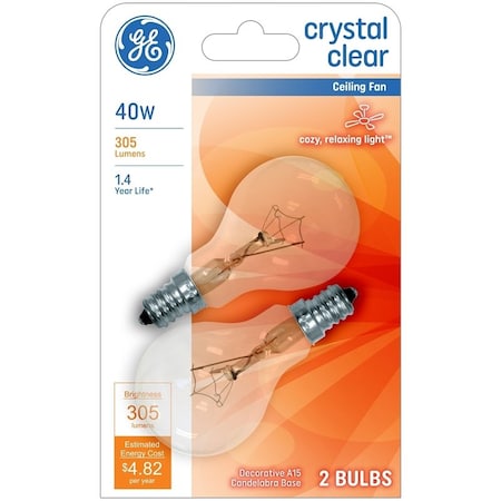 Ge Ceiling Fan Bulb, 40 W, A15 Lamp, E12 Candelabra Lamp Base, 305 Lumens, 2500 K Color Temp, 2PK 71393